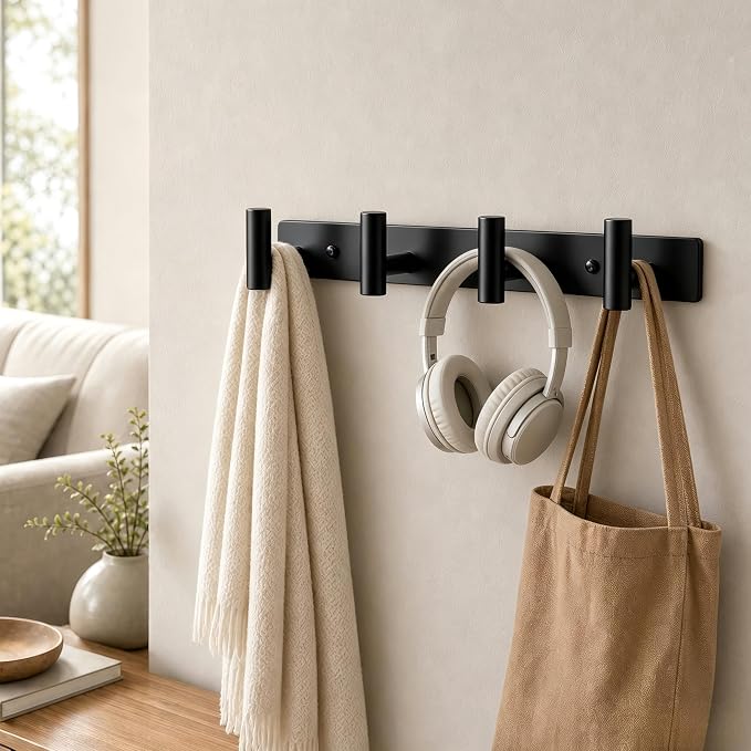 Wall Mounted Coat Rack-4 Hooks, Heavy Duty Stainless Steel Wall Hooks for Towel Coat Bag, Hat Rack Coat Hanger Coat Hooks Towel Racks for Bathroom Entryway Kitchen Hotel Office (Black, 1 Pack)
