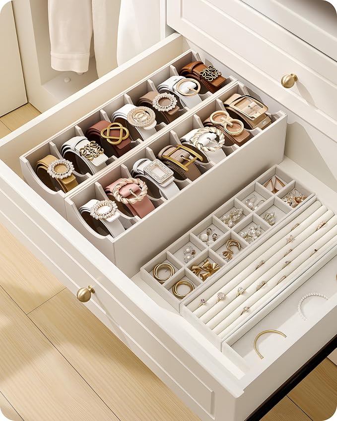 Lolalet Belt Organizer for Closet, Belt Box & Storage Drawer -Cream | PU Leather Belt Holder with 7 Extra-Wide Compartments, Soft Lining, Fits Entryway Cabinet, for Women, 2 Pack