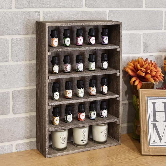 Ikee Design Wooden Wall-Mounted Display Shelves Rack for Collectibles-Figures,Shot Glasses,Spice Can,Cosmetics or Perfume-5 Adjustable Height Shelves,Space-Saving,Coffee Color