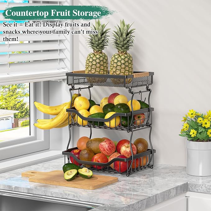 OKZEST 3-Tier Fruit Basket Fits Under Standard Upper Cabinet, 17.2" Tall | 2-In-1 Wall Mount & Countertop. Ultra-Fine Mesh Top Basket & Banana Hangers, Holds Potato, Onion, Bread, Snack, Fruit, Veggie