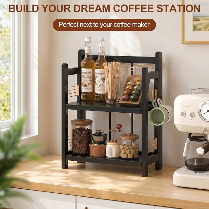 No-Assembly Coffee Bar Organizer, 2-Tier Coffee Station Shelf | Foldable Oak Wood Shelf, Coffee Station Accessories Storage for Syrup & Pods, 3 Hooks for Mugs, Kitchen Spice Rack, Black