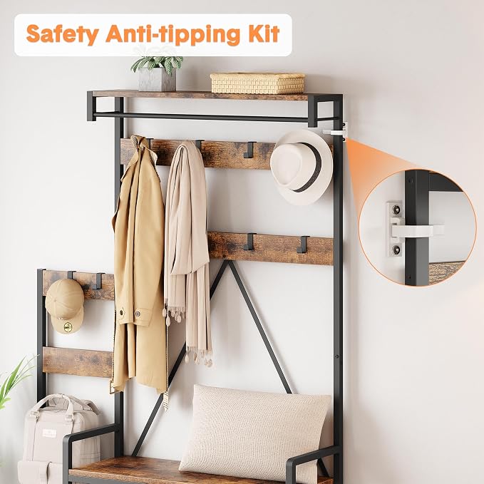 Coat Rack Hall Tree with Shoe Bench and Storage, Large Entryway Organizer with Hooks, Hanging Bar, Shoe Rack, Storage Cubbies, Shelf, Mudroom Bench, Rustic Hallway Furniture for Living Room Bedroom