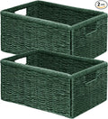 Vagusicc Wicker Storage Basket, Set of 2 Hand Woven Wicker Baskets for Organizing with Handles, Decorative Small Storage Bins for Countertop Toilet Paper Basket for Toilet Tank Top Shelves, Green