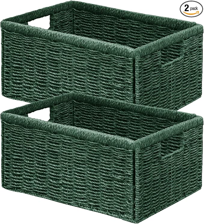 Vagusicc Wicker Storage Basket, Set of 2 Hand Woven Wicker Baskets for Organizing with Handles, Decorative Small Storage Bins for Countertop Toilet Paper Basket for Toilet Tank Top Shelves, Green