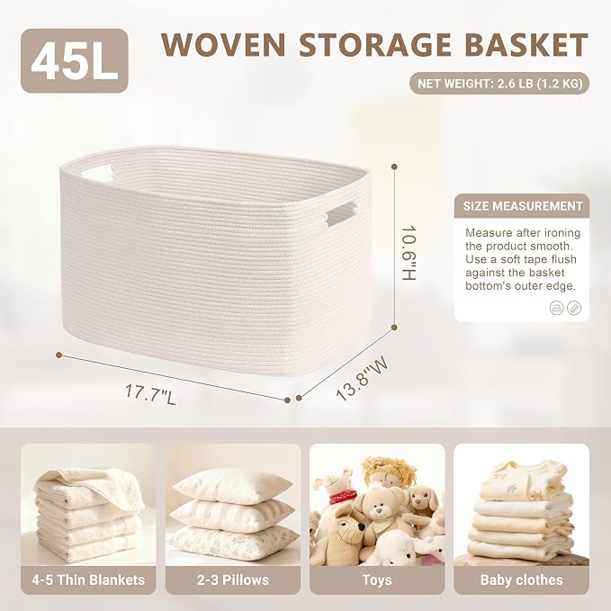 45L Small Woven Laundry Basket Hamper with Handles, White | 18"x14"x11", collapsible wicker hamper, storage for dirty clothes, toys, blankets, gifts, living room, bedroom, bathroom