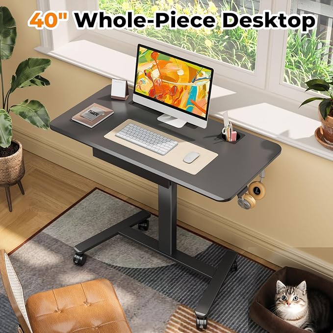 40"×20" Mobile Desk with Drawer, Rolling Desk with Storage | Height Adjustable Portable Laptop Desk on Wheels, Small Computer Desk with Cup Holder and Hooks for Study & Work, Black