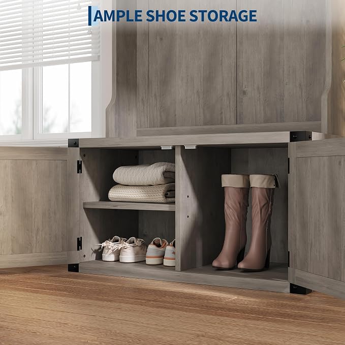 Garvee 77" H Farmhouse Hall Tree with Bench & Shoe Storage, Coat Rack | Mudroom Storage with 5 Tri-Hooks, Enclosed Cabinet, Adjustable Shelf, 2 Top Cubbies, for Entryway, Space Saving, Rustic Gray