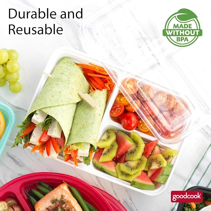 GoodCook Food Storage Containers for Meal Prep Rectangle Three Compartments & Made without BPA, 20-Piece, White