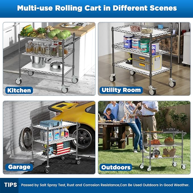 Leteuke 3 Tier Rolling Carts with Wheels, Heavy Duty Rolling Utility Cart | NSF Commercial Grade Metal Cart with Handle&Shelf Liner,Trolley Serving Cart for Kitchen,Restaurant,Plant Display,Black
