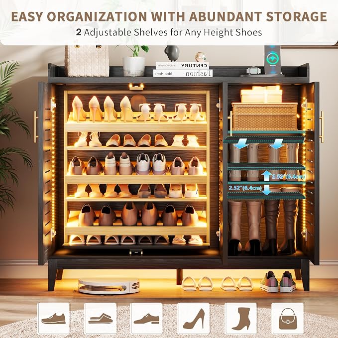 Vlsrka Shoe Storage Cabinet with Shutter Doors and Adjustable Shelves | 6 Tier Wooden Shoe Organizer, Large Capacity, Human Sensor Lighting, 180° Rotating, for Entryway, Hallway, Living Room, Black