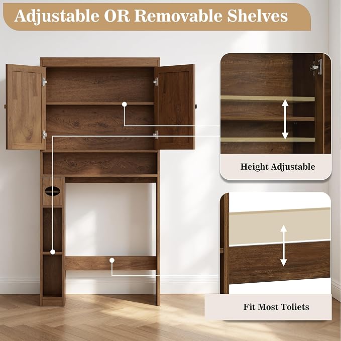 Over The Toilet Storage Cabinet Bathroom Shelf Over Toilet Bathroom Organizer Space Saver Rack with Adjustable Shelf (Chocolate, Rattan Style)