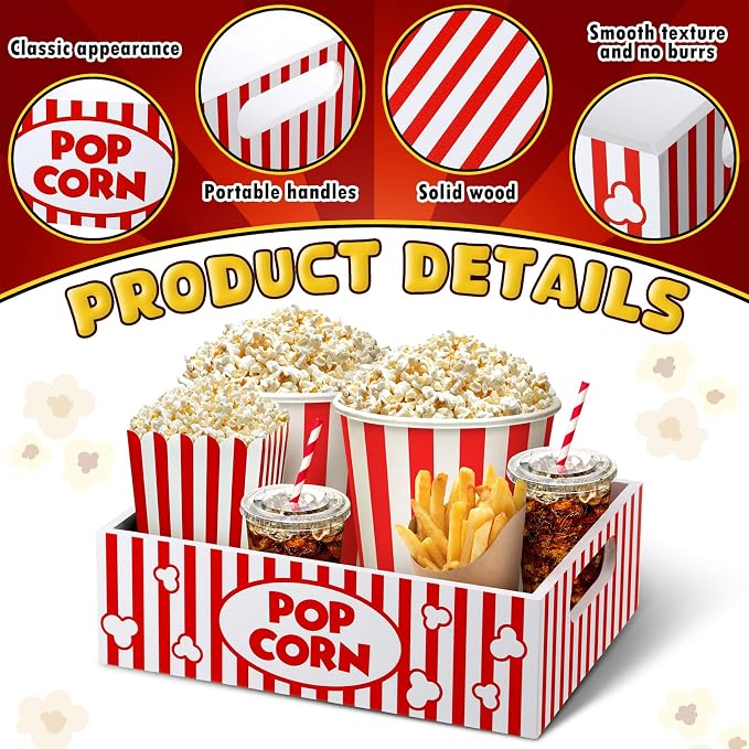 Movie Night Supplies Snack Trays with Handles Reusable Wooden Movie Gift Basket for Theater Popcorn Bucket Bowl Box Container Family Room Decor(Striped)