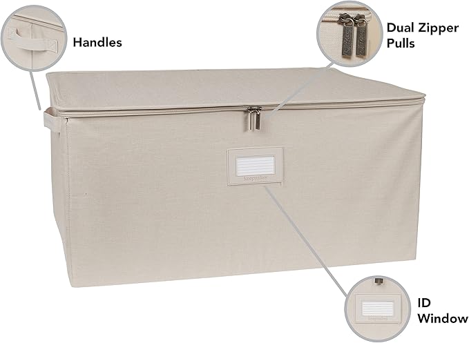 Covermates Keepsakes Zip-Top Storage Box Set, 3 Pack Heavy Duty Polyester Organizer Bins, Stackable Design, ID Window, Reinforced Handles, Closet Home Storage, Beige Heather