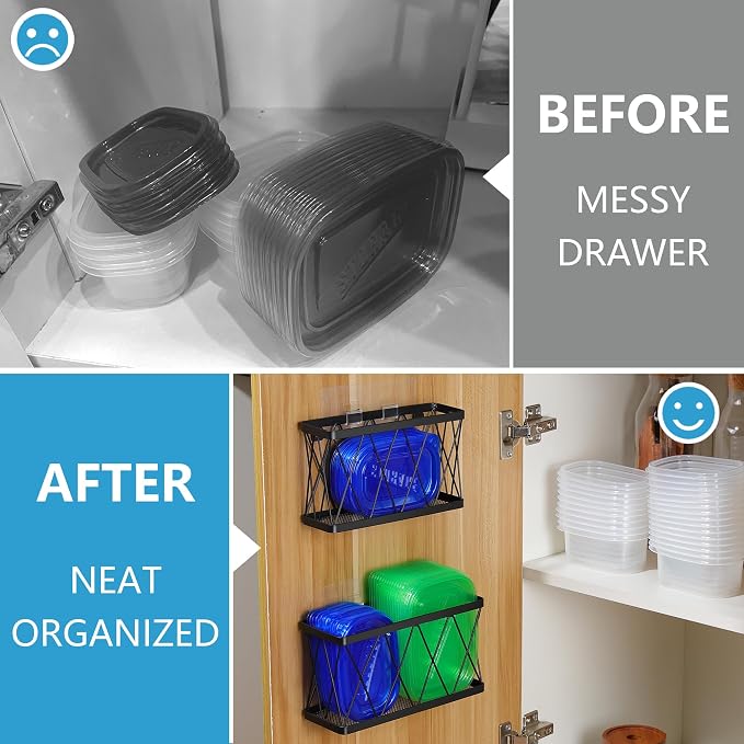 YIGII 8 Pack Inside Cabinet Door Storage, Lid Organizer for Pyrex, Kitchen Bathroom Pantry Storage Organizer Baskets Slim Stainless Steel, Black