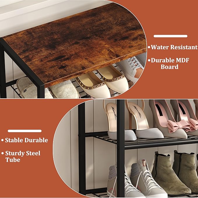 Yusong Shoe Rack Organizer, 3 Tier Industrial Shoe Storage Shelf for Closet Entryway, Narrow Sturdy Metal Shoe Shelves, Rustic Brown