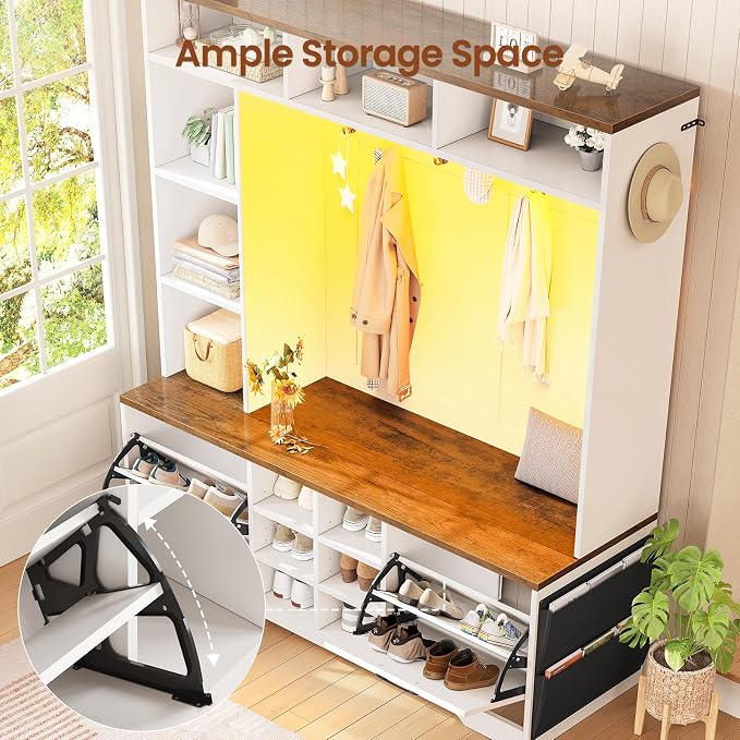 Itaar Hall Tree with Bench and Shoe Storage, 59.1" Farmhouse Entryway Bench with Coat Rack, Shoe Cabinet with Flip Drawers, 12 Shelves, 9 Coat Hooks, Storage Bag, Led Lights, White