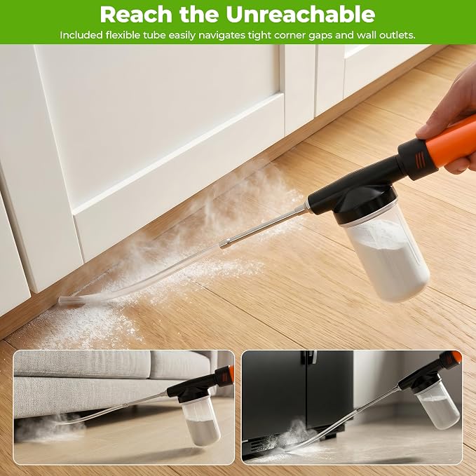 Adjustable Powder Duster with 4 FT Extension Pole, Manual Pump Sprayer for Diatomaceous Earth and Fine Garden Powder, Handheld Dispenser Tool for Home and Yard Maintenance (Orange)