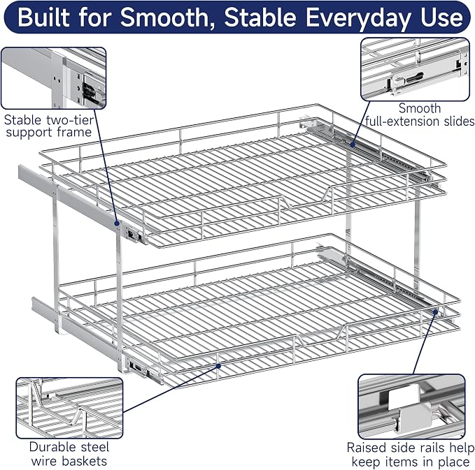 2-Tier Pull Out Cabinet Organizer, 30" W x 21.5" D, Heavy Duty Dual Slide Out Shelves for Wide Base Cabinets, Chrome Wire Basket Drawer for Pots, Pans, Pantry & Cleaning Supplies