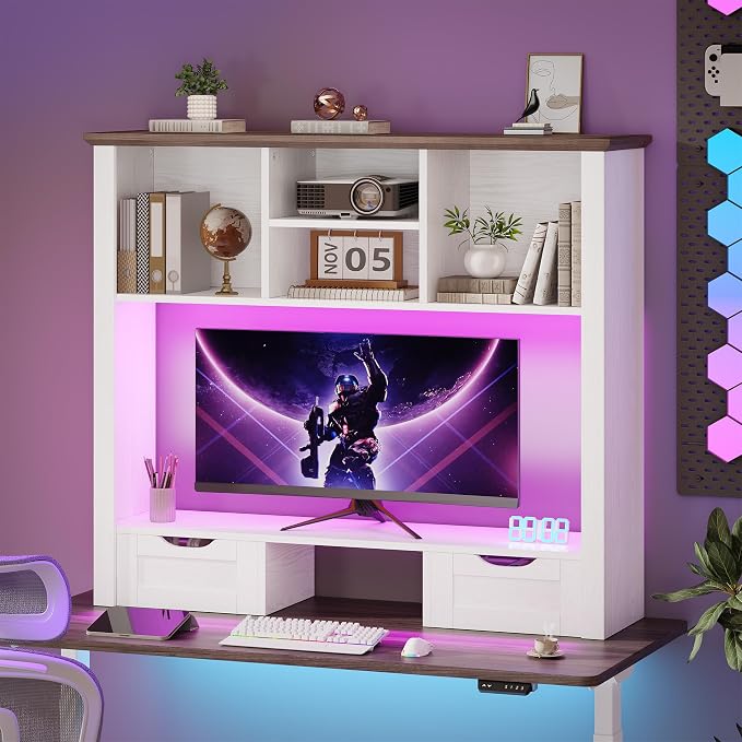Desk Shelf with Computer Monitor Stand, 37.4''W Desktop Bookshelf Display Rack, Desktop Organizer Storage Rack with Cubbies & Drawers, 5-Tier Hutch for Home, Office, Dorm, Vanity, White&Brown