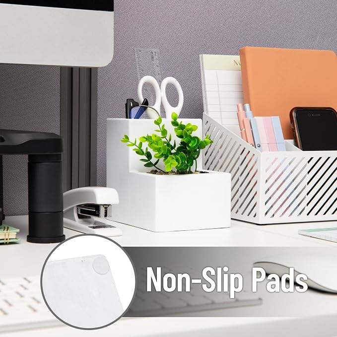 Mind Reader Ceramic Desktop Planter Pencil Cup, Desk Organizer with Faux Succulent, White