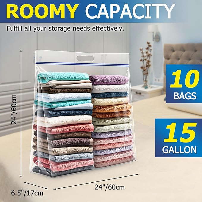 15 Gallon Large Storage Bags, 3.5 Mil Thick Clear Plastic Zipper Bags with Handles, 24" x 24" Large Heavy Duty for Home, Travel, and Moving (10 Packs)