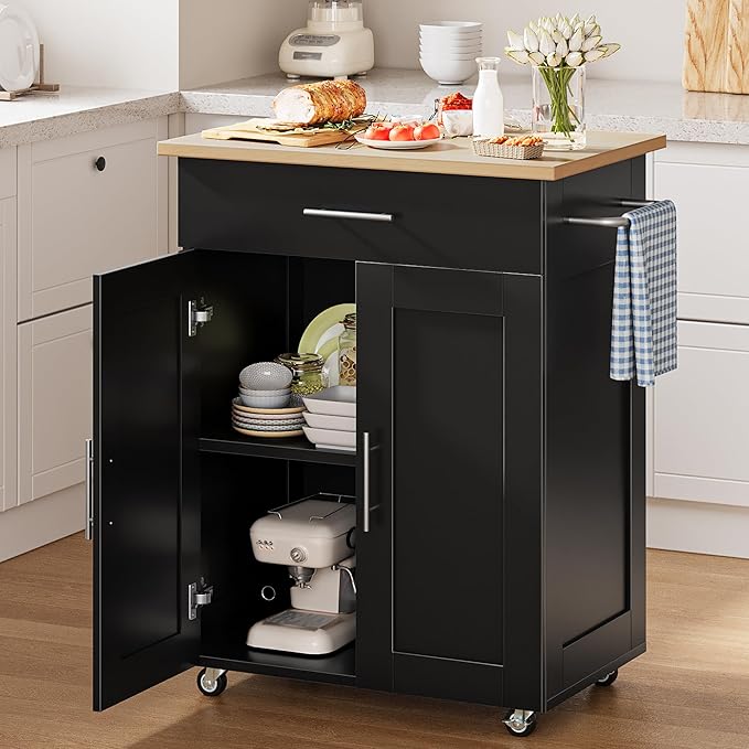 OtterOasis Kitchen Island Cart with Storage, Small Kitchen Island on Wheels with Large Drawer, Adjustable Shelf & Towel Rack, Rolling Island Table for Kitchen & Dining Room, Black