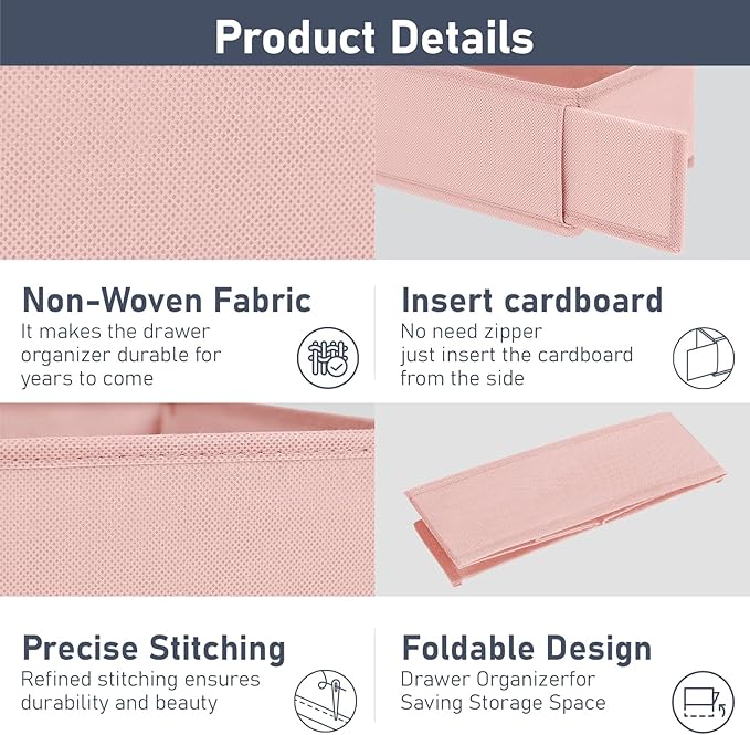 DIMJ Drawer Organizer Clothes - Underwear Organizer Small Sock Organizer Closet Organizers and Storage Box Dresser Drawer Dividers for Baby Clothes,Bra,Socks, Belt, Tie, Set of 12, Pink