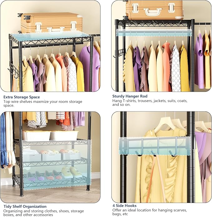 Heavy Duty Closet Garment Rack, Metal Clothes Racks Wardrobe with Shelf | 6 Tiers Adjustable Metal Freestanding Expandable Clothing Storage with 4 Hanger Rods, 71.4"H x (70"-88.2") L x 14"D, Black