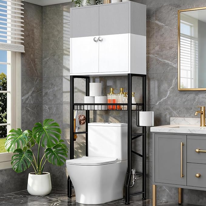 Over-The-Toilet Storage Rack, 4-Tier Bathroom Organizer Shelf Over Toilet with Barn Doors Cabinet and Basket, Freestanding Space Saver Bathroom Shelves with Paper Holder Above Toilet (Gray & White)