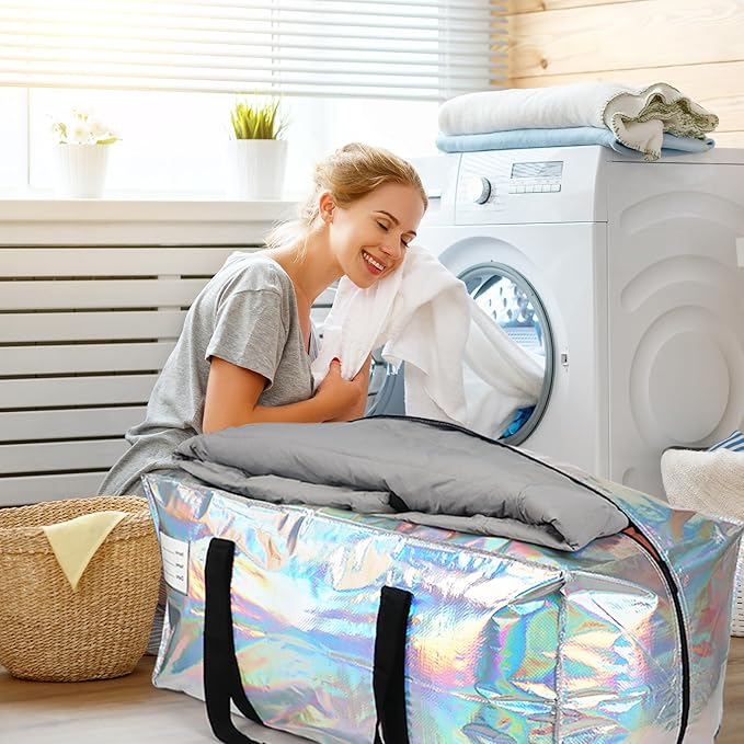 VTSVTS 8 Pack Extra Heavy Duty Large Moving Bags with Comfortable Handle & Strong Zipper,Storage Totes for Space Saving Moving Storage College Supplies Alternative to Moving Box,Iridescent