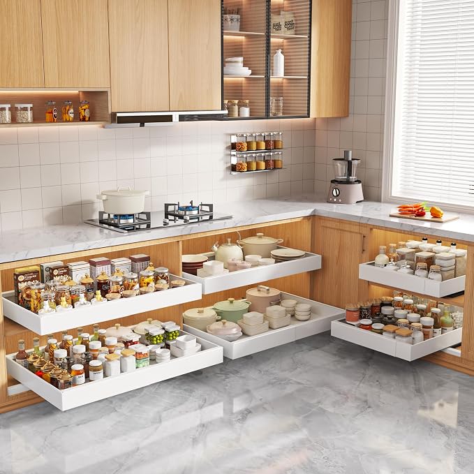 Seinloes 2 Pack Pull Out Cabinet Organizers 21" Deep With Raising Pad for Framed Cabinets, Expandable Width (15.2"-26.3") Slide Out Drawers Upgrade 3 Slide Rails, Roll Out Shelves Adhesive, White