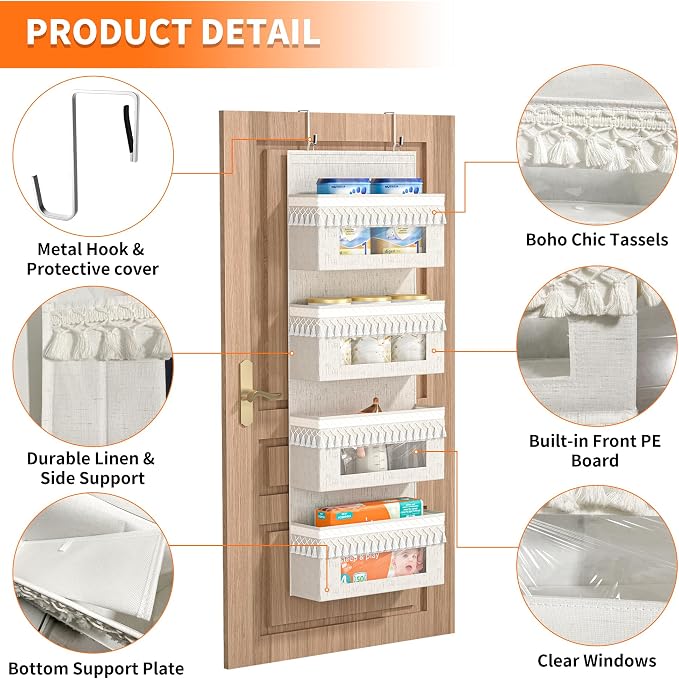 Aokeyee 4 Tier Over Door Organizer Nursery with Tassels and Clear Window | 55lb Boho Door Organizer Hanging, Behind the Door Storage for Bedroom Bathroom