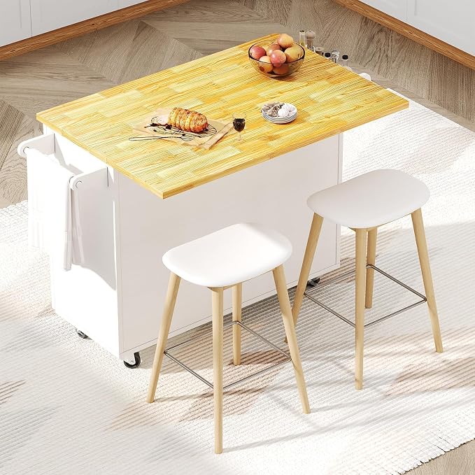 4 EVER WINNER 43" Modern Farmhouse Kitchen Island Cart with Drop Leaf, 3 Drawers, Adjustable Shelf, Spice Rack & Towel Rack, Rolling Kitchen Island for Small Kitchen & Dining Room, White