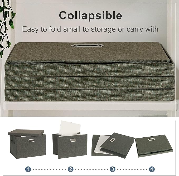 Graciadeco Large 17" 36 Quart Collapsible Stackable Storage Bins with Lids, 3 Packs Dark green Foldable Fabric Closet Storage Boxes with Lids, Heavy-duty Linen Cube Baskets(17x12x11)
