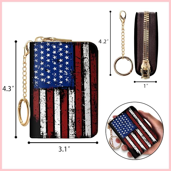 Blusabaca Women's RFID-Blocking American Flag Wallet, Leather, 12 Card Slots, 2 Coins, Zipper Closure, Waterproof | Removable Keychain, Case with Zipper, Vegan PU Leather, Cash Coin Pocket, Business Accordion Purse, Ladies Female Gift
