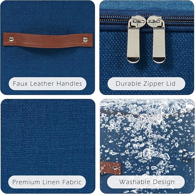 4 Pack Storage Bins with Zipper Lid Cotton Linen Fabric Lidded Storage Baskets Boxes Foldable Washable Closet Shelf Clothes Organizer Container with PU Leather Handles (Deep Blue, Small)