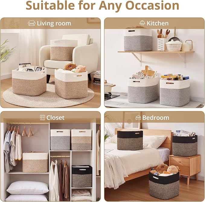 OIAHOMY 13 Inch Cube Storage Bins, 3-Pack Cotton Rope Woven Baskets for Organizing, Insert Storage Baskets for Shelves, Baby Nursery, Closet Organizer, 13 * 13 * 12.6IN, Grey & White