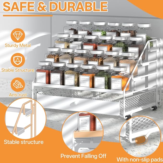 DTUQYX Spice Rack Organizer for Cabinet: 4 Tier Spice Organization with Drawer, Depth Adjustable Metal Shelf for Kitchen Countertop, Cupboard, Pantry, Holds Seasoning and Condiments (White)