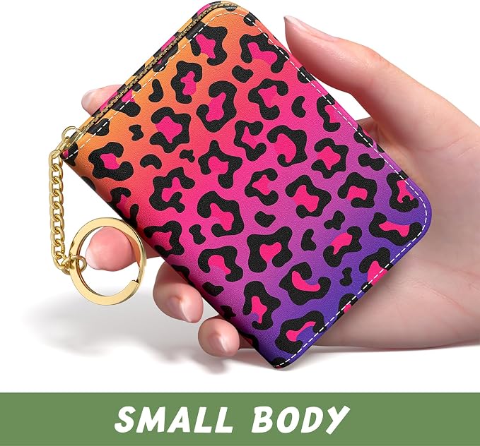 Aiawoxc Credit Card Holder, Small RFID Wallet Slim Leather Card Organizer Case with Zipper and Keychain, Colorful Leopard Print