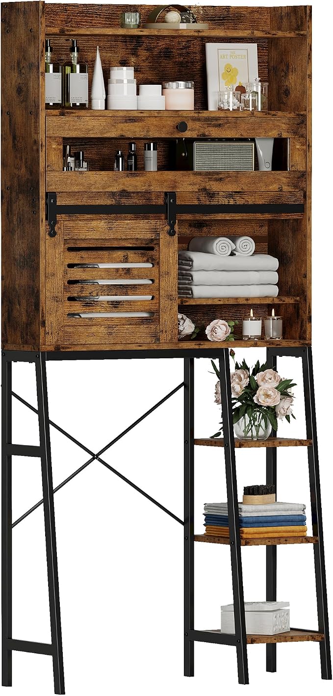 IRONCK Over The Toilet Storage Cabinet with Sliding Barn Door | 5-Tier Farmhouse Bathroom Organizer with Side Open Shelves, Freestanding Space Saver, Adjustable Shelf, Vintage Brown