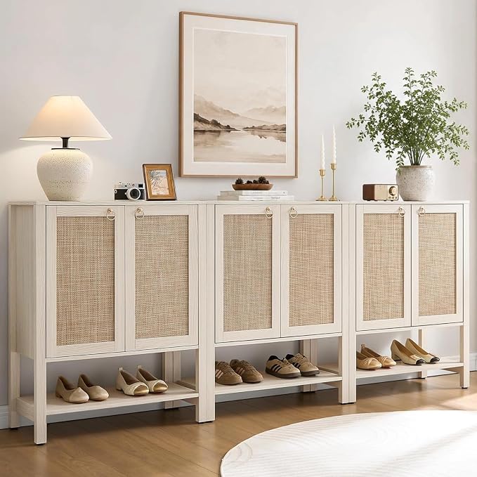SICOTAS Shoe Cabinet with Storage - 3 Pieces Farmhouse Shoe Organizer with Rattan Doors & Shelves, 5 Tier Free Standing Shoe Rack Storage Cabinet for Entryway, Living Room, Closet (White Cream Oak)