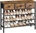 YATINEY 4-Tier Shoe Rack with 3 Drawers, Metal Shoe Organizer for 15 Pairs with Storage Shelves and Wooden Top, for Entryway, Hallway, Foyer, Closet, Rustic Brown and Black SS34BR