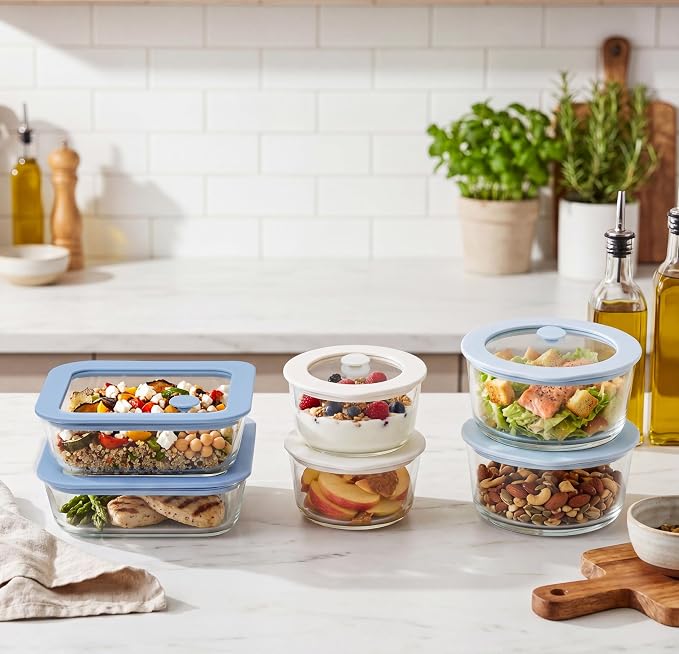 Urban Green Glass Food Container Set with Silicone Glass Lid, Square & Round Shape, 6 Pack, Airtight, LeakProof, 100% Plastic Free, Meal Prep Food Storage Containers, Blue & White Color