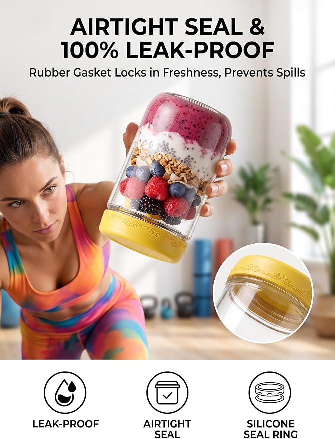 6-pack 16 oz Overnight Oats Containers with Lids | Mason Jars with Airtight Lids, Wide mouth Mason Salad jars, Yogurt Parfaits, Smoothies, Salads (16oz - 6pcs)