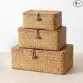 Wicker Handwoven Seagrass Storage Baskets for Organizing With Lids,boho rectangle decorative storage boxes, stackable natural rattan for Shelf,Closet,Bedroom,bathroom,three-piece set