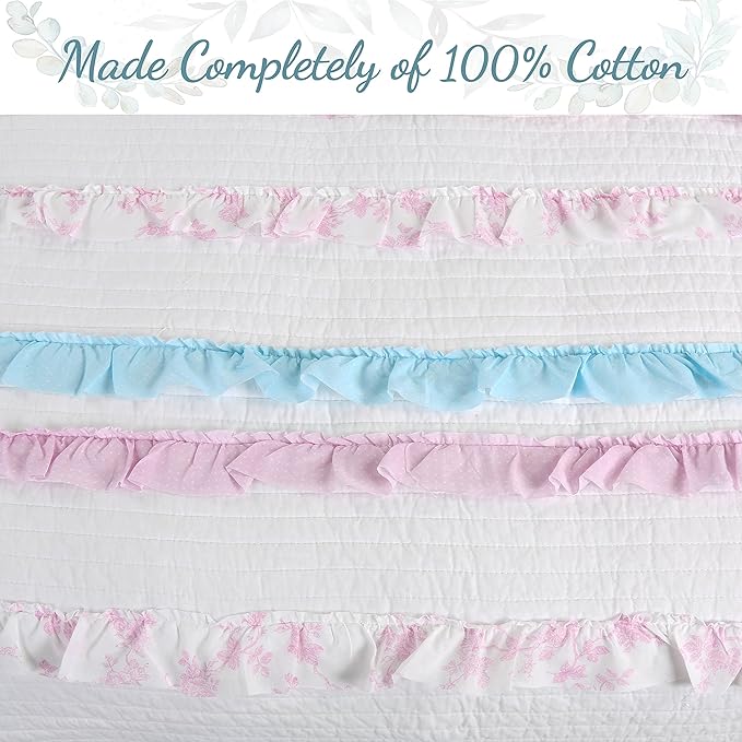 Cozy Line Home Fashions Light Pink Blue Coral White Ruffle 100% Cotton Reversible Girl Quilt Bedding Set, Reversible Coverlet Bedspread (Shabby Chic, Queen - 4 Piece)