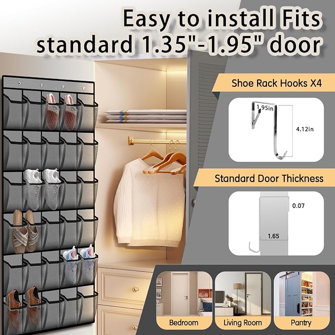 Kotkn Over the Door Shoe Organizer with 30 Breathable Mesh Pockets (2PC-Gray)