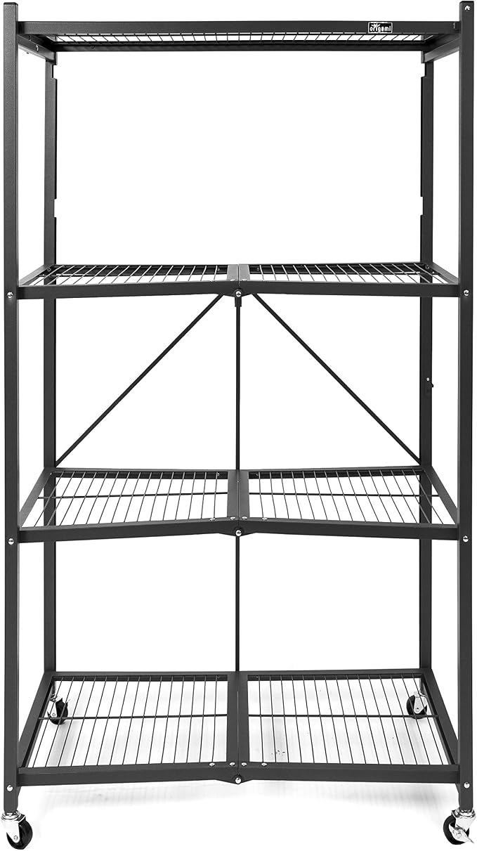 Origami R5 4-Shelf Heavy-Duty Folding Storage Rack, Black – Large Foldable Metal Shelving Unit with Wheels for Garage, Pantry, Basement, Laundry Room or Warehouse