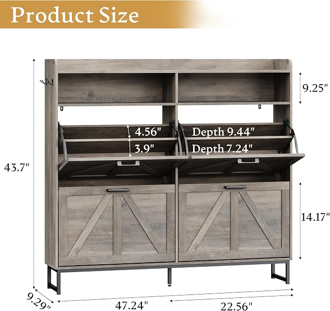 Wodeer Shoe Cabinet Storage for Entryway, Shoe Storage Cabinet with 4 Flip Drawers, Freestanding Narrow Shoe Rack Organizer with Metal Legs, Adjustable Shelves & Open Storage for Foyer, Hallway, Grey