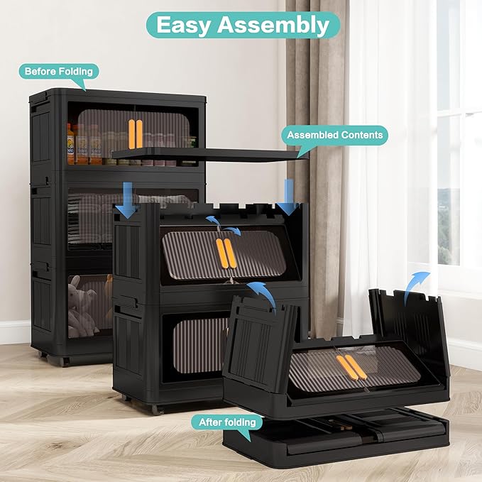 Foldable Storage Cabinet，Plastic Cabinet，Stackable Storage Bins， Open Front with Magnetic Door and Wheels (Extra Large-4Tiers)